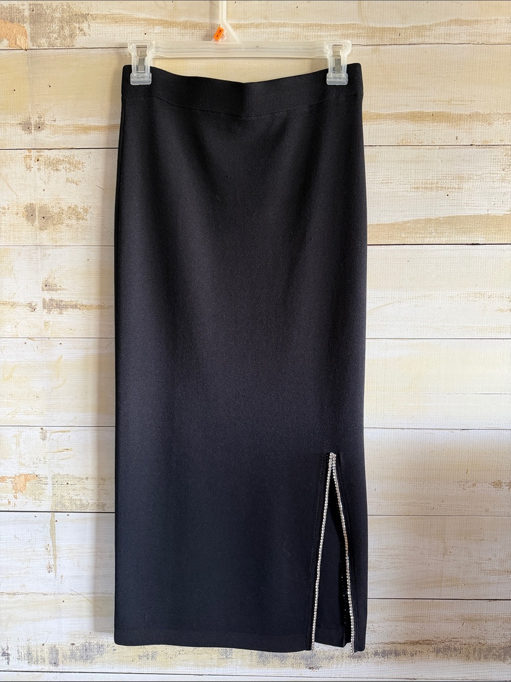 Michael Kors Black Midi Pencil Skirt with Rhinestone Side Slit